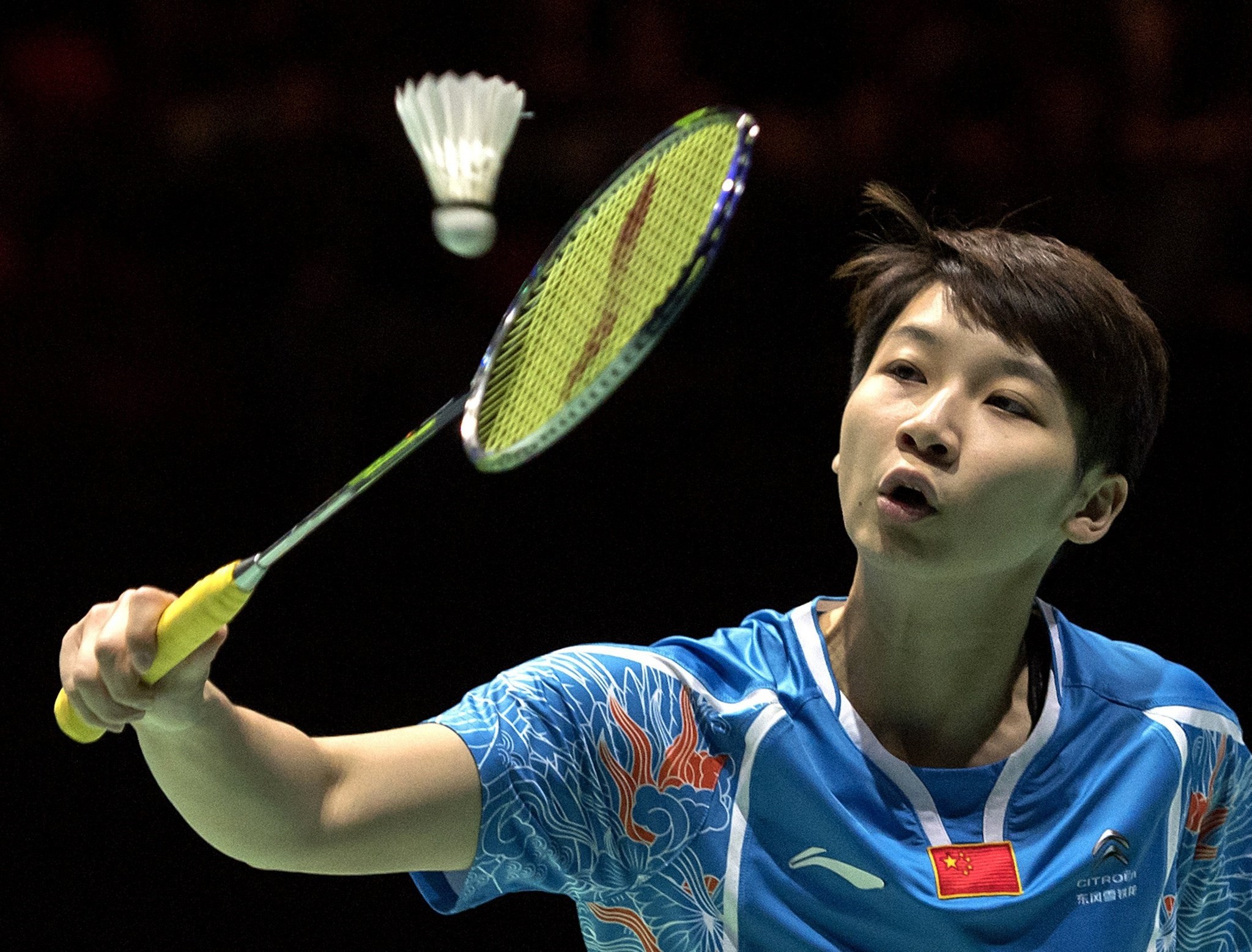 Chinau2019s Chen Xiaoxin returns a shuttlecock to Chinau2019s Chen Yufei during their womenu2019s singles final match at the Badminton Swiss Open tournament in the St. Jakobshalle in Basel, Switzerland.