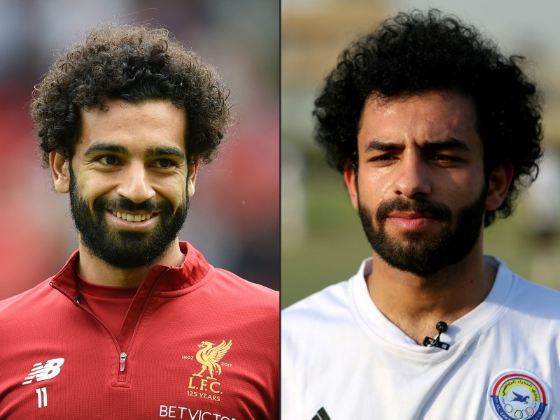 This combination of pictures shows Liverpool's Egyptian midfielder Mohamed Salah, left, and Iraqi footballer Hussein Ali, right, who plays for the Iraqi Al-Zawraa FC and is a lookalike of Liverpool's Egyptian forward Mohamed Salah. (AFP Photo)