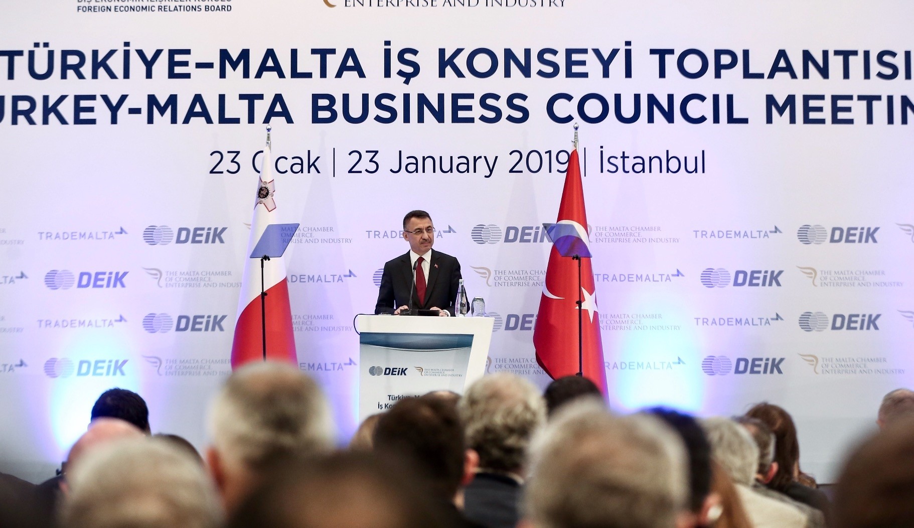 Vice President Fuat Oktay delivers a speech at the Turkey-Malta Business Council in Istanbul, Jan. 23, 2019.