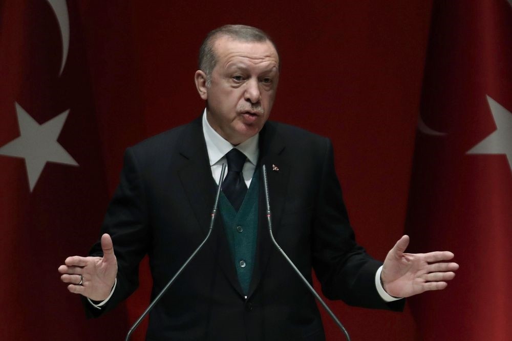 President Recep Tayyip Erdou011fan gives a speech during ruling a Justice and Development (AK) Party provincial chairmen meeting at party headquarters, Ankara, March 30, 2018.  