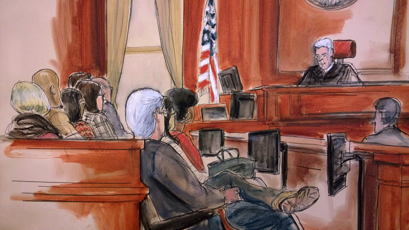 In this courtroom drawing, Judge Richard Berman addresses the jury at the end of the day's deliberations in the corruption trial of Halkbank executive Mehmet Hakan Atilla