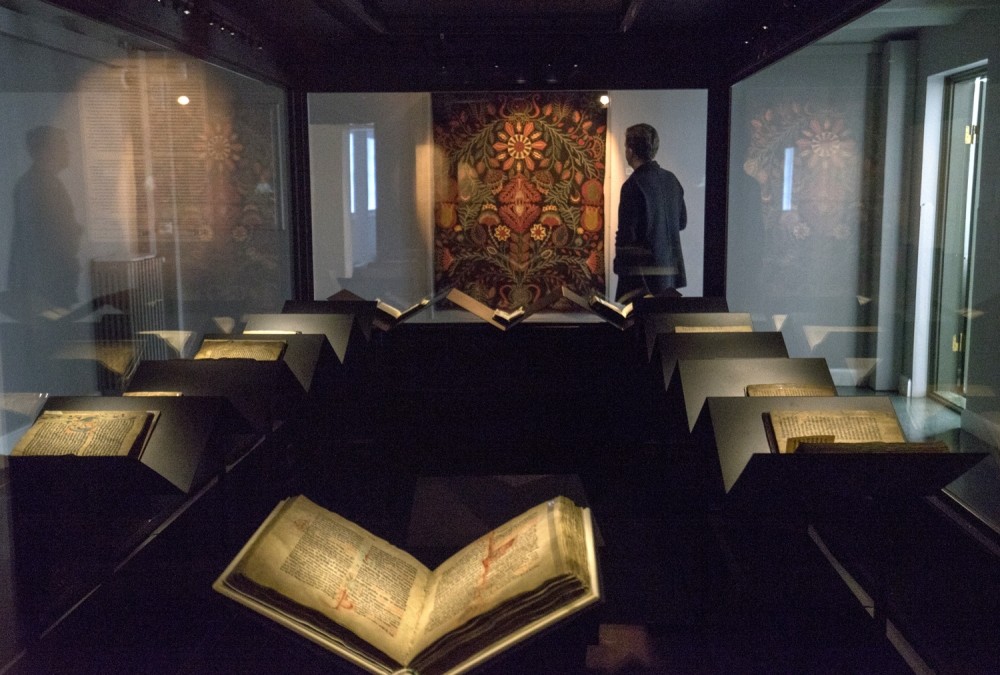 A law book penned on calf-skin in 1363 is displayed at a museum in Reykjavik.