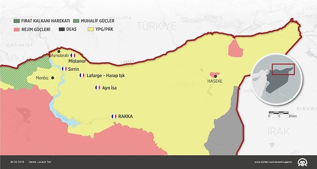 إنفوجرافيك نشرته وكالة الأناضول لمواقع انتشار القوات الفرنسية في مناطق ب ي د