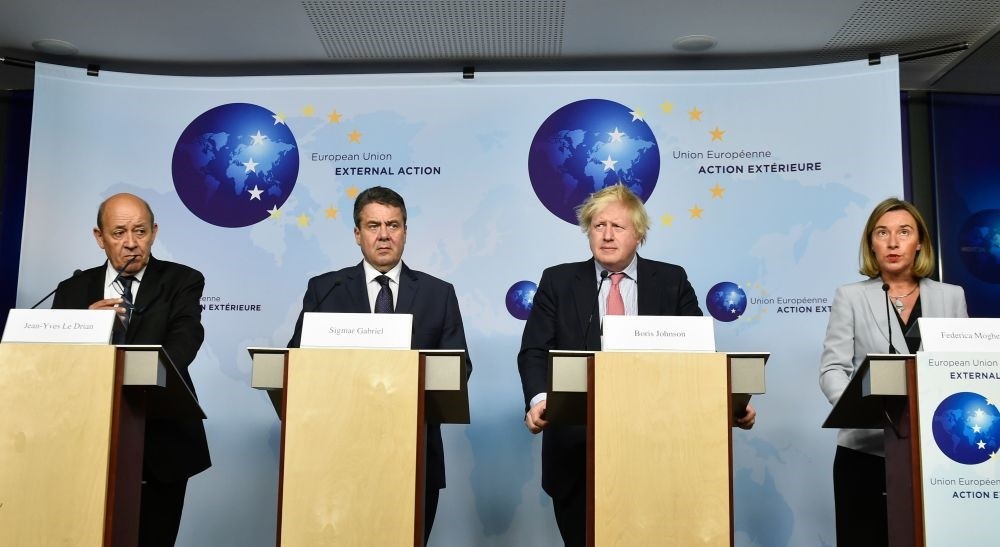 (L to R) French FM Le Drian, German FM Sigmar Gabriel, British Foreign Secretary Boris Johnson and High Representative of the EU for Foreign Affairs and Security Policy Federica Mogherini