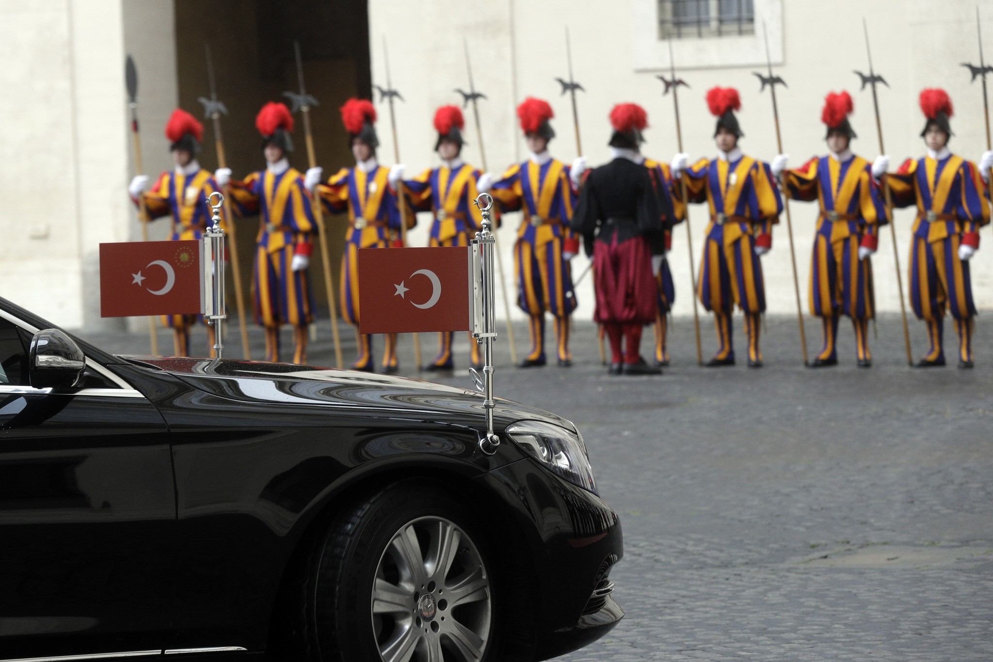The car escorting President Erdou011fan arrives at the San Damaso courtyard ahead of his private audience with Pope Francis, at the Vatican, Feb. 5. 