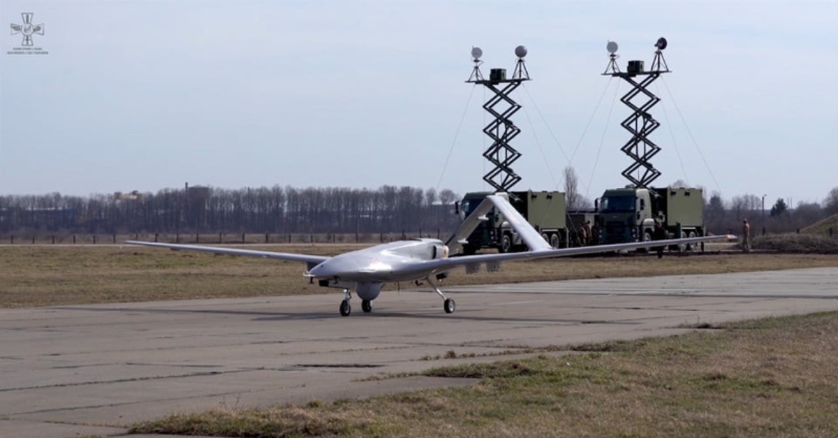 Bayraktar TB2 drone being tested at the Starokostiantyniv Air Base, Khmelnytskyi province, western Ukraine, Oct. 21, 2019. (Ukrainian Air Force via AA)