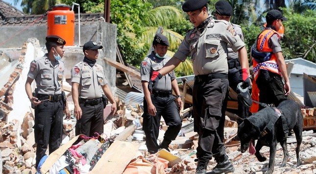 Indonesian K-9 dog police officers search for victims at a collapsed house in Tanjung, West Nusa Tenggara, Indonesia, 08 August 2018. (EPA Photo)