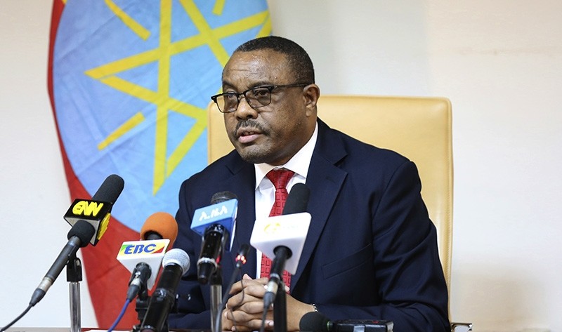 Former Ethiopian Prime Minister Hailemariam Desalegn, during press conference in Addis Ababa, Ethiopia, Thursday, Feb. 15, 2018. (AP Photo)