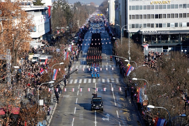 Security forces, firefighters and cultural and sports groups march during an illegal parade in Banja Luka, Wednesday, Jan. 9, 2019. (AP Photo)