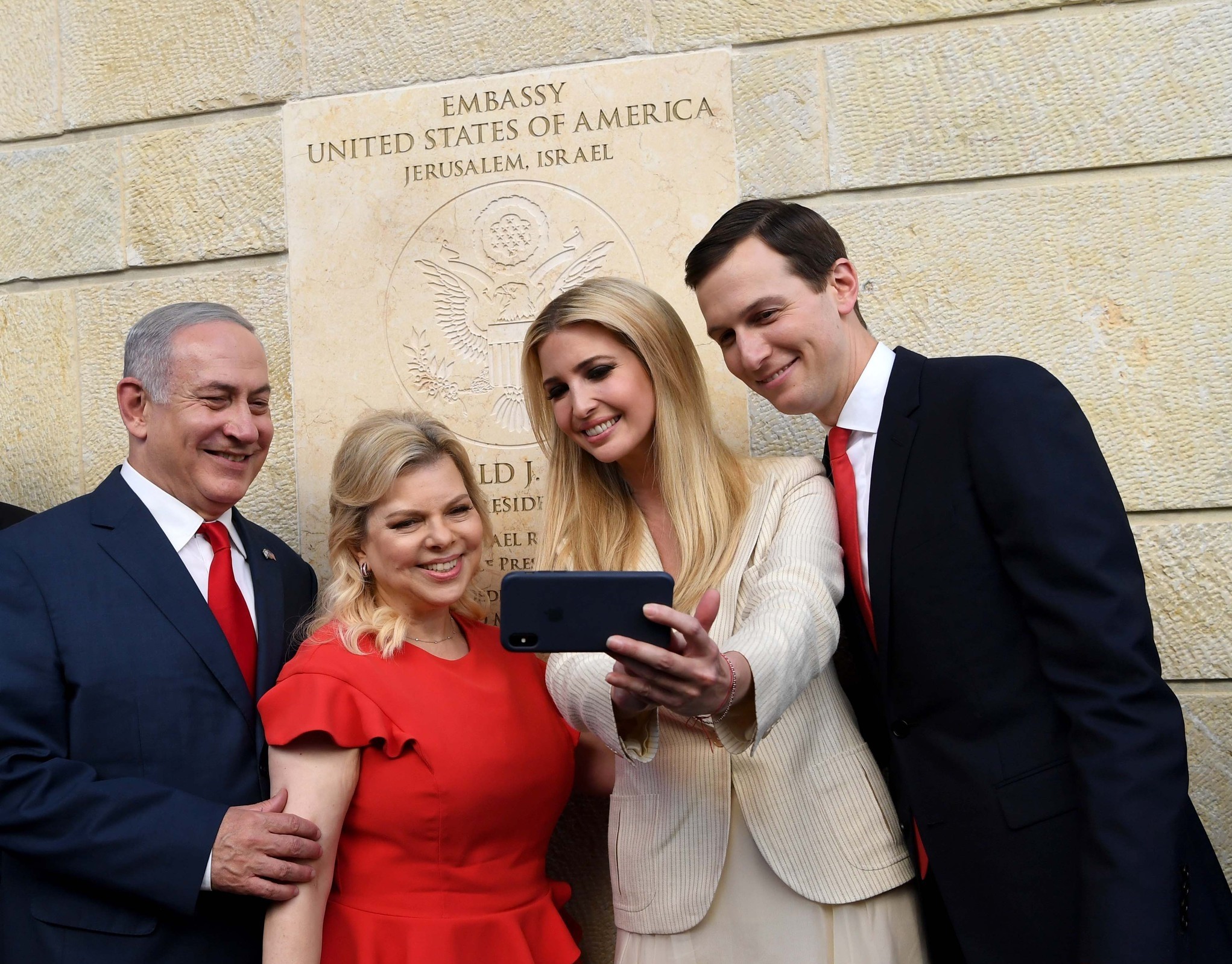 Israeli Prime Minister Benjamin Netanyahu with his wife Sara and the daughter and the son-in-law of the U.S. president, Ivanka Trump and Jared Kushner, take a selfie during the opening of the U.S. Embassy in Jerusalem.