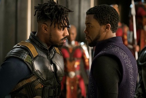 This image released by Disney shows Michael B. Jordan, left, and Chadwick Boseman in a scene from Marvel Studios' 