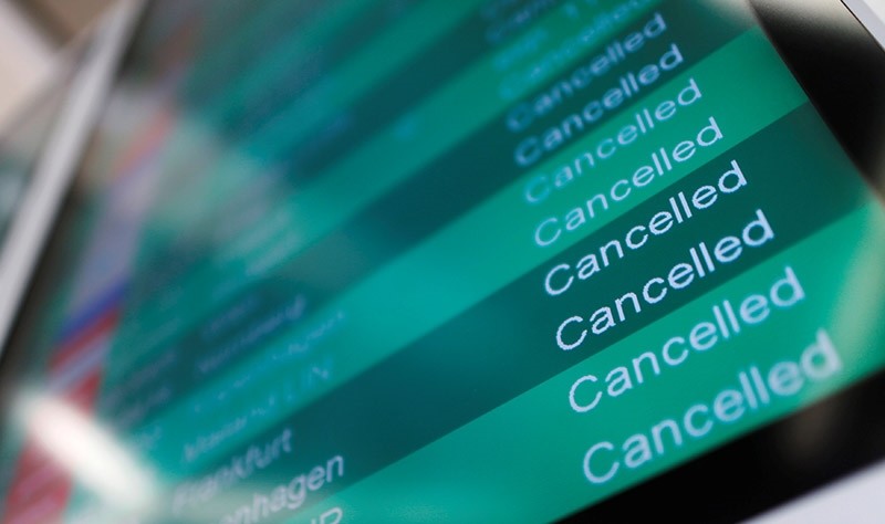 A display panel shows cancelled flights during a warning strike by ground services, security inspection and check-in staff at Tegel airport in Berlin, Germany March 13, 2017. (Reuters Photo)