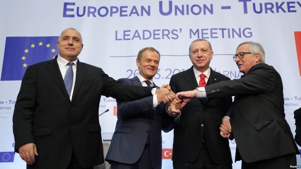 From left: Bulgariau2019s PM Boyko Borissov, European Council President Donald Tusk, President Recep Tayyip Erdou011fan and European Commission President Jean-Claude Juncker pose following a news conference at Euxinograd residence near Varna, March 26, 2018.