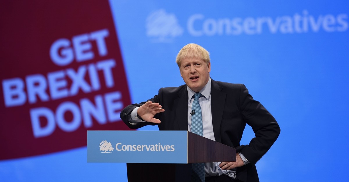 Britainu2019s Prime Minister Boris Johnson delivers his keynote speech to delegates on the final day of the annual Conservative Party conference at the Manchester Central Convention Complex, Manchester, Oct. 2, 2019. 