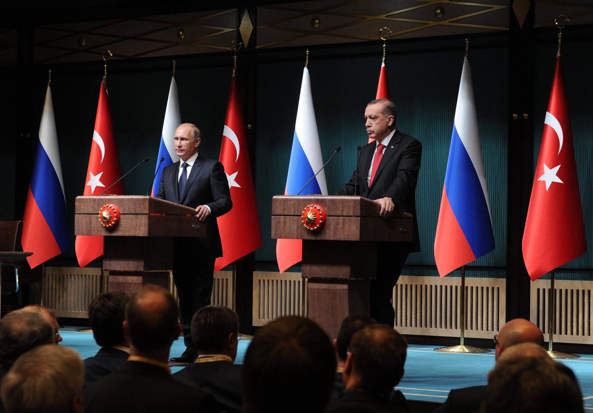President Erdou011fan and his Russian counterpart Putin speak at a press conference after their meeting in Presidential Palace, Ankara, Dec. 1, 2014.