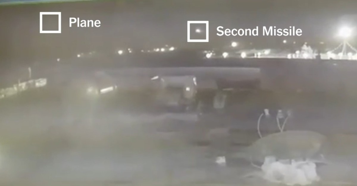 Screenshot of the new footage showing the firing of two missiles at the Ukrainian plane (New York Times Screenshot)
