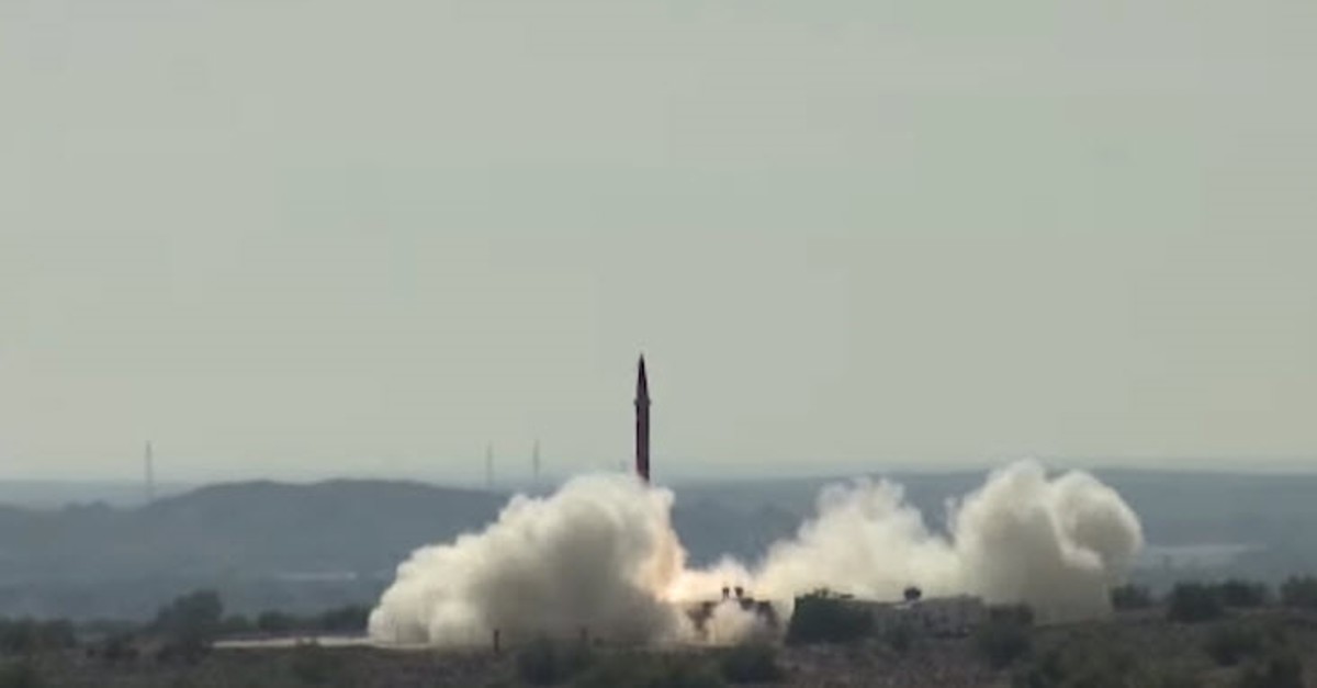 In this Nov. 18, 2019 frame grab from video provided by the Pakistan Armed Forces shows a test launch of Shaheen 1 ballistic missile. 