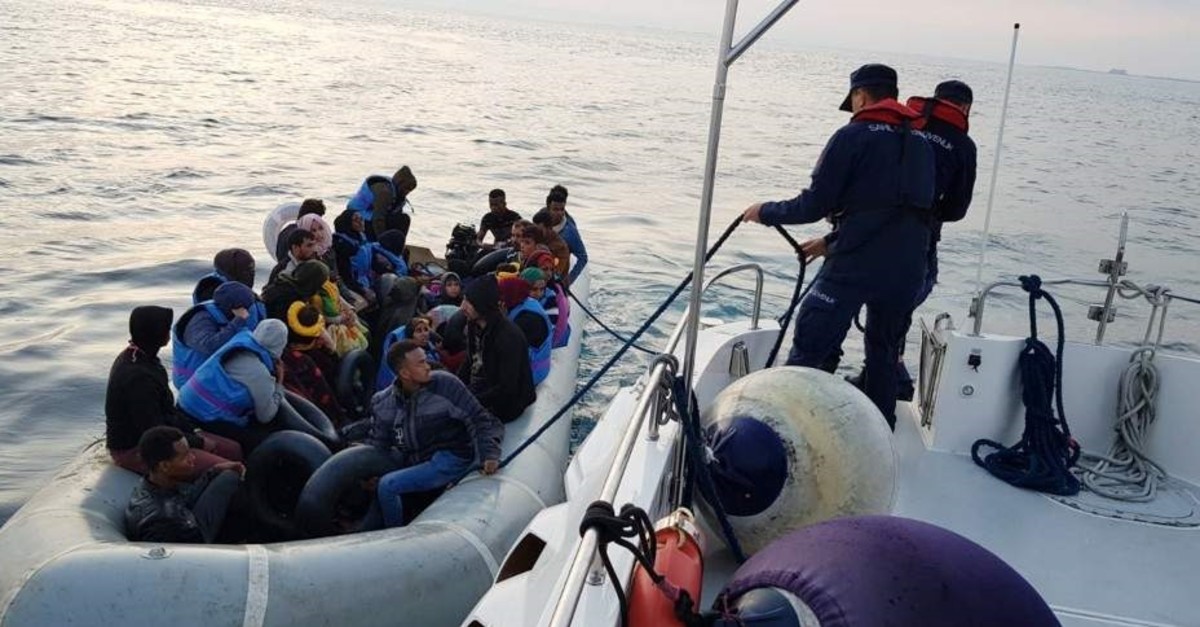 The Turkish Coast Guard intercepts 34 illegal migrants aboard a boat at the mouth of the Menderes River in western Turkey, Oct. 10, 2019. (IHA Photo)