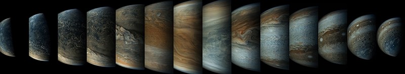 This NASA image released on May 25, 2017 is a sequence of enhanced-color images showing how quickly the viewing geometry changes for NASA’s Juno spacecraft as it swoops by Jupiter, obtained by JunoCam.