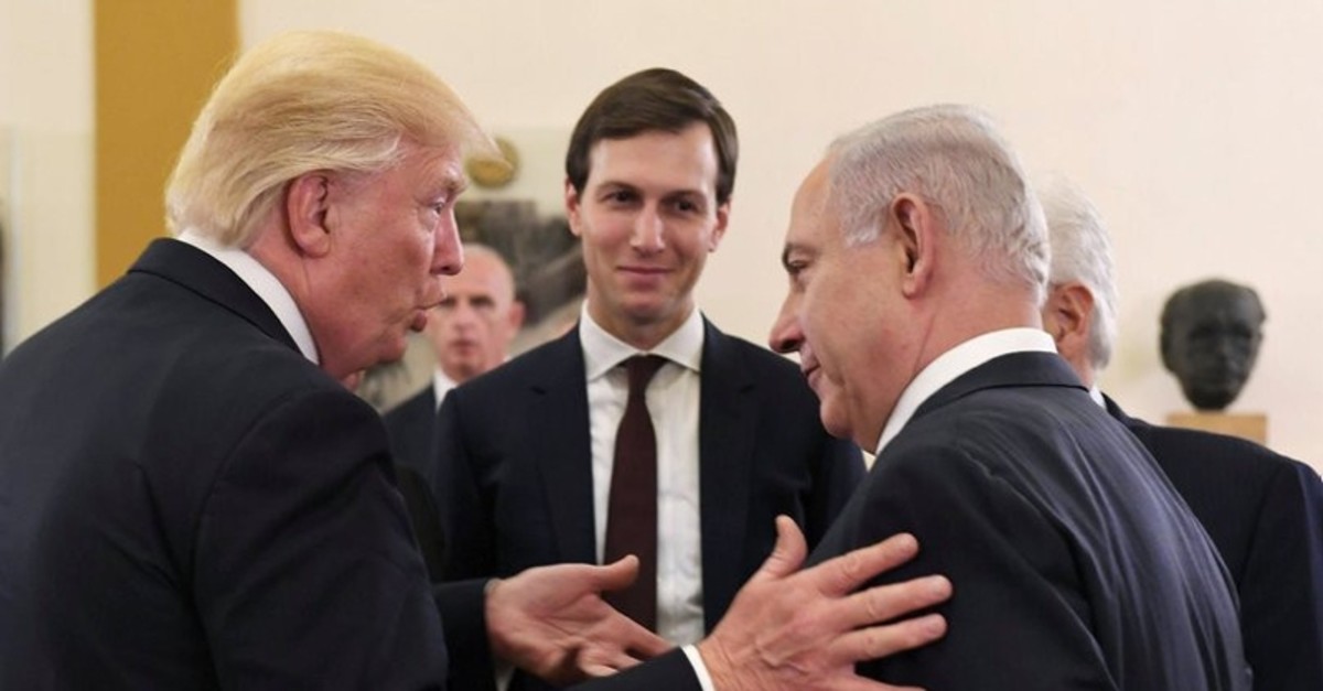 U.S. President Donald Trump (L), Israeli Prime Minister Benjamin Netanyahu (R) and Jared Kushner during a meeting at the King David hotel in Jerusalem, May 22, 2017.