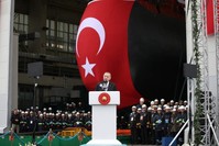President Recep Tayyip Erdo?an speaks during the launching ceremony for Turkish Navy submarine Pirireis. He also inaugurated welding work on a fifth submarine, Seydialireis, Kocaeli, Dec. 22, 2019. (AA Photo)