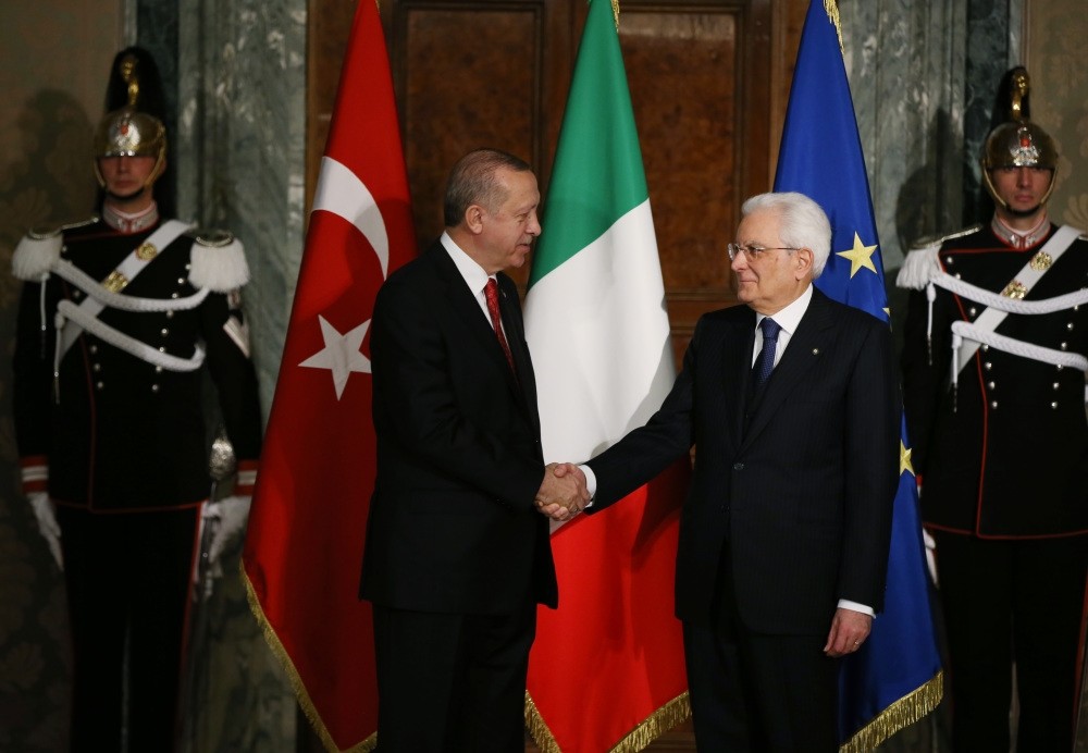 President Erdou011fan (L) and Italian counterpart President Matarella pose before a closed-door meeting to discuss strengthening bilateral relations, Quirinale Palace, Rome, Jan. 5.  