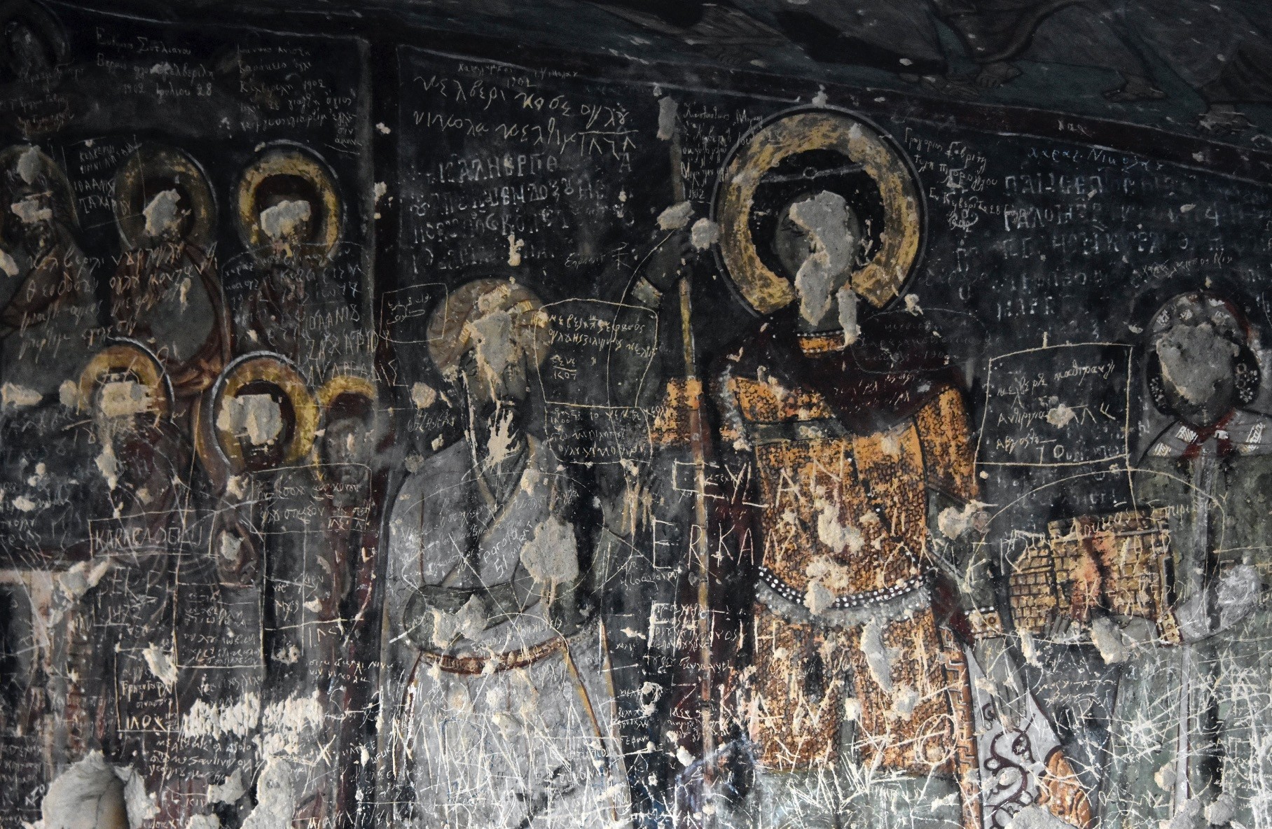 The carved churchu2019s walls have unfortunately been damaged by careless visitors for years.