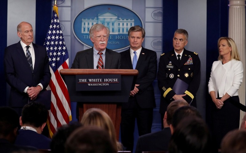 U.S. Director of National Intelligence Dan Coats, WH National Security Advisor Bolton, FBI Director Christopher Wray, NSA Director General Paul Nakasone and DHS Secretary Kirstjen Nielsen hold a briefing on election security.  (REUTERS Photo)