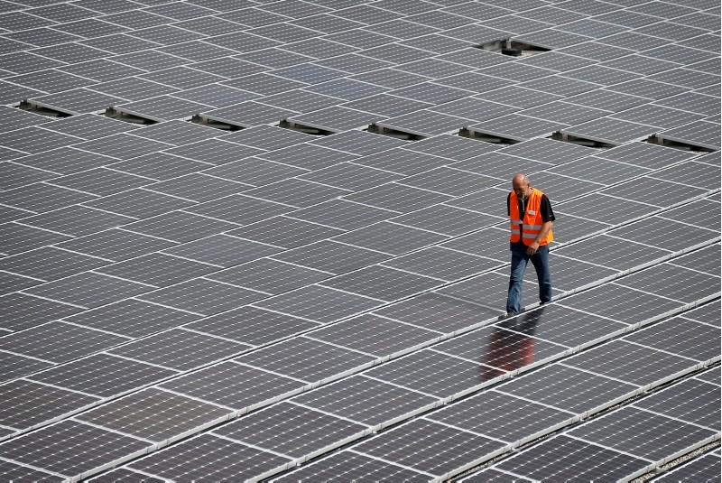  A file photograph showing a man walking between solar cell panels during the commissioning of the largest solar power plant in Neuendorf, Canton Solothurn, Switzerland, 20 August 2013. (EPA Photo)