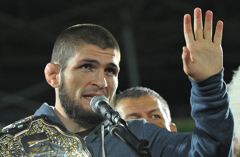 Russia's Khabib Nurmagomedov, UFC lightweight champion who defeated Conor McGregor of Ireland in the main event of UFC 229, speaks during the ceremony of honouring him at Anzhi Arena in Kaspiysk, Dagestan, Russia Oct. 8, 2018. (Reuters Photo) 