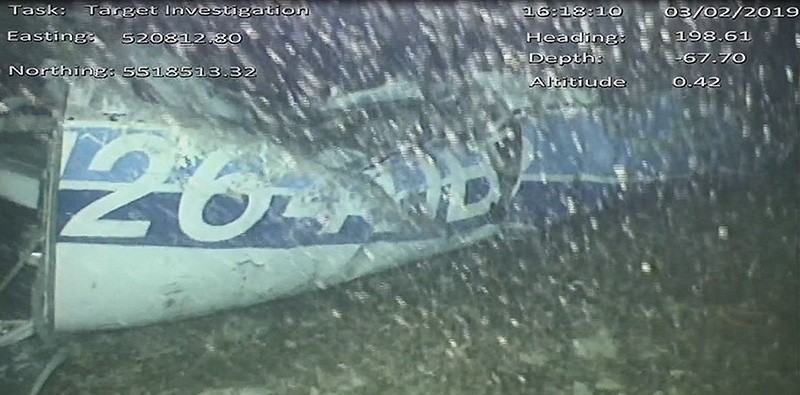 Handout video footage released by the U.K. Air Accidents Investigation Branch (AAIB) shows part of the wreckage from the missing Piper Malibu aircraft that disappeared carrying footballer Emiliano Sala lying on seabed of English Channel. (AFP Photo)