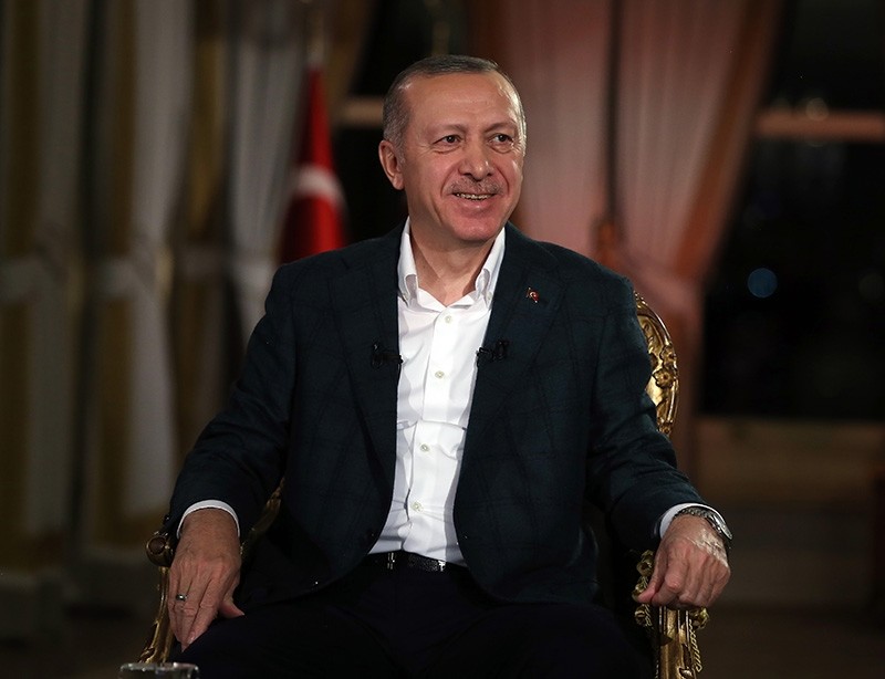 President Recep Tayyip Erdou011fan speaks in TRT interview with moderators Serdar Karagu00f6z and Sermin Baysal Ata on Sunday, Feb. 3, 2019. (AA Photo)