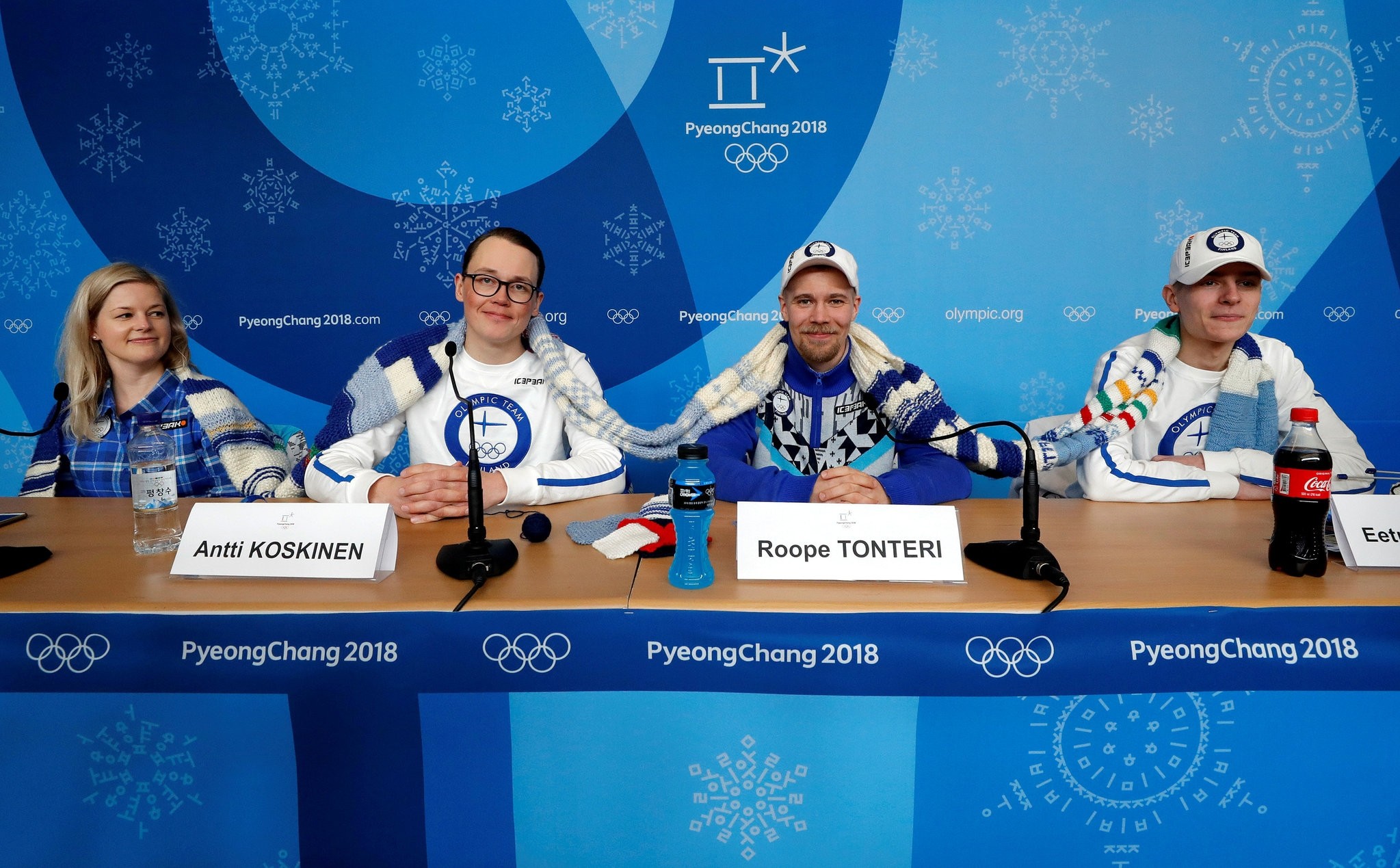 Members of the Finland Olympic team attend a news conference regarding the knitting project in Pyeongchang, South Korea, February 14, 2018. (REUTERS Photo)