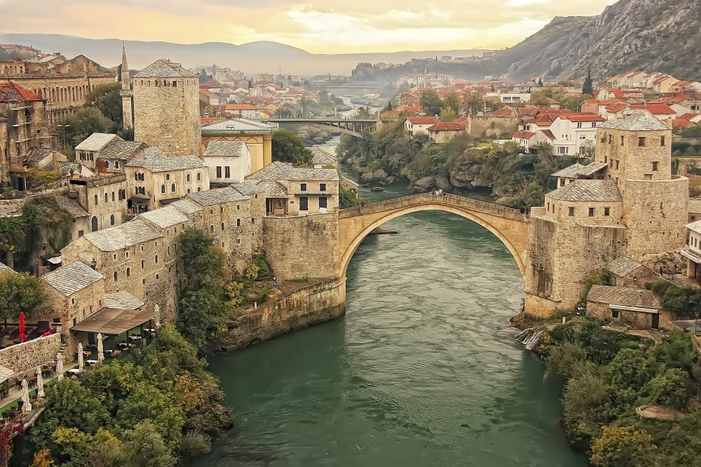 A general view of Stari Most, the 16th-century Ottoman bridge in the Bosnian city of Mostar.