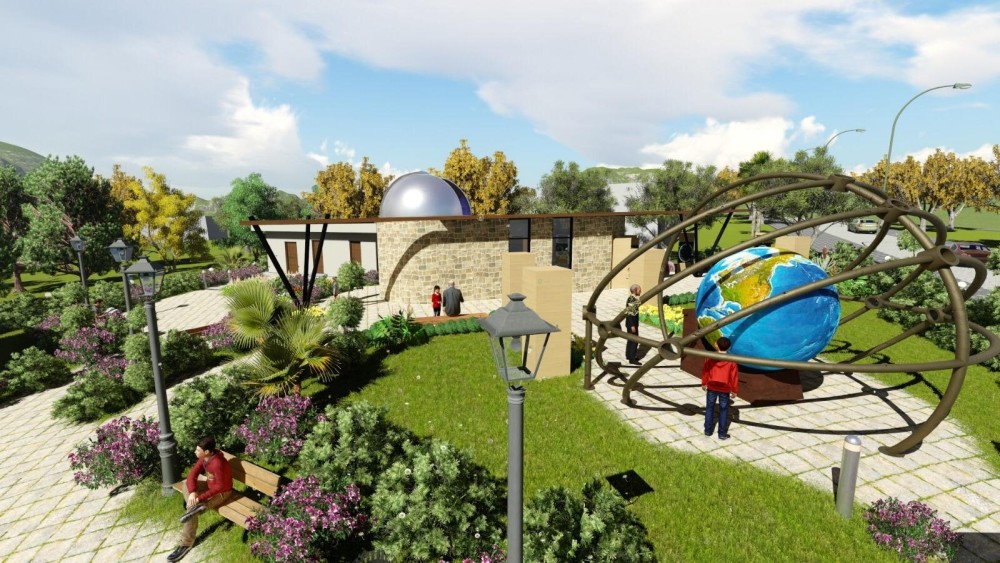 In the garden of the observatory, whose dome will resemble a space shuttle, a huge spherical world model will be made.