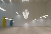 ,The House (Das Haus), 1993, (2019) by Ayu015fe Erkmen; existing lighting construction of the exhibition space, steel wire, electric cables dimensions variable.