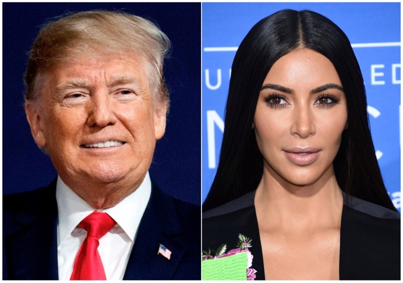 This combination photo shows President Donald Trump at a campaign rally in Moon Township, Pa., on March 10, 2018, left, and Kim Kardashian West at the NBCUniversal Network 2017 Upfront in New York on May 15, 2017. (AP Photo)