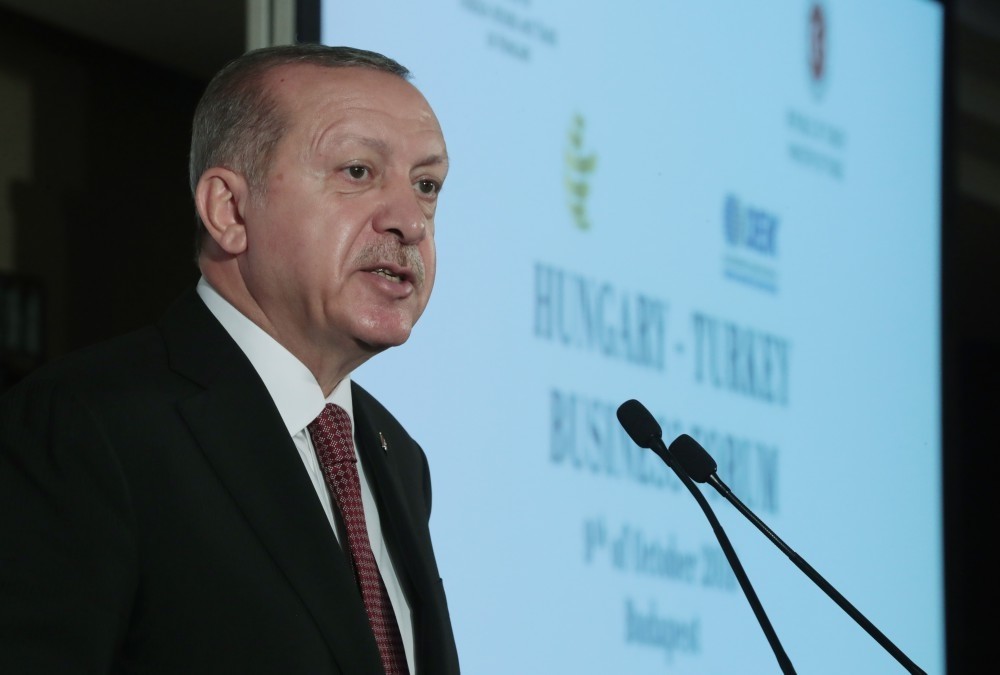President Recep Tayyip Erdou011fan speaks at the Turkey-Hungary Business Forum in Budapest, Oct. 9.