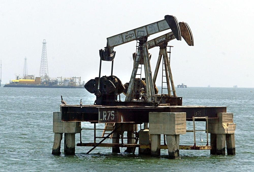 An oil rig at sea near Maracaibo, 500 kilometers, from Caracas. Venezuela's oil industry has suffered from the country's political unrest and sinking economy.