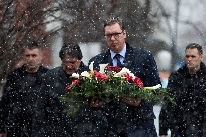 Serbia's President Aleksandar Vucic attends a wreath laying ceremony at the site of the attack where Kosovo Serb politician Oliver Ivanovic was assassinated in the northern, Serb-dominated part of Mitrovica, Kosovo (AP Photo)
