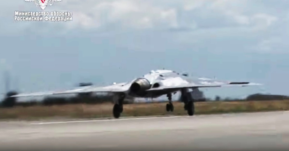 In this video grab made available on Wednesday, Aug. 7, 2019, by Russian Defense Ministry Press Service, Russia's military drone Okhotnik is seen taking off at an unidentified location in Russia (AP Photo)