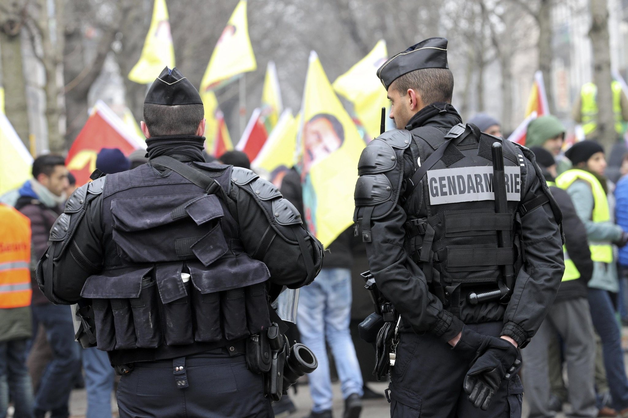 French gendarmes stand guard during a demonstration in support of the jailed leader of the PKK terror group u00d6calan in Strasbourg, France, February 11, 2017.  (REUTERS Photo)