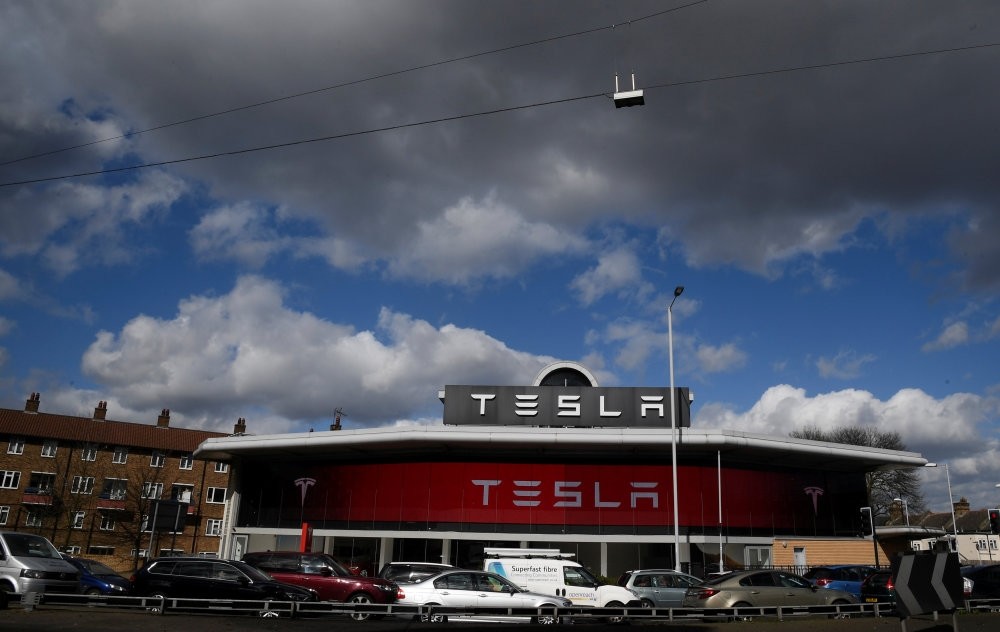 A Tesla car showroom is seen in west London, Britain.