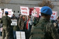 A group of activists stage a protest outside a courthouse in Ankara, denouncing FETu00d6, which is blamed for the coup attempt. The terror group faces a number of trials for involvement in the putsch bid.