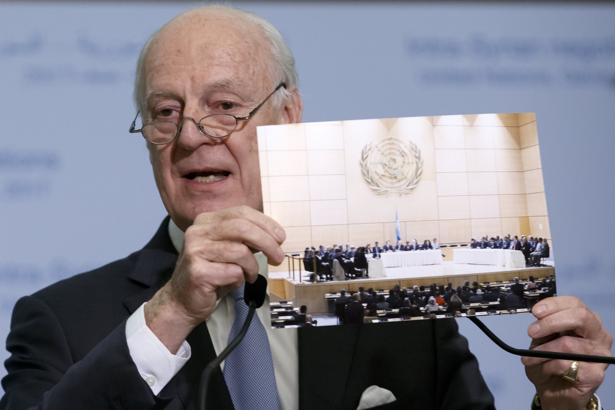 UN Special Envoy for Syria Staffan de Mistura informs the media during a press conference after closing the round of the Intra Syria talks. (EPA Photo)