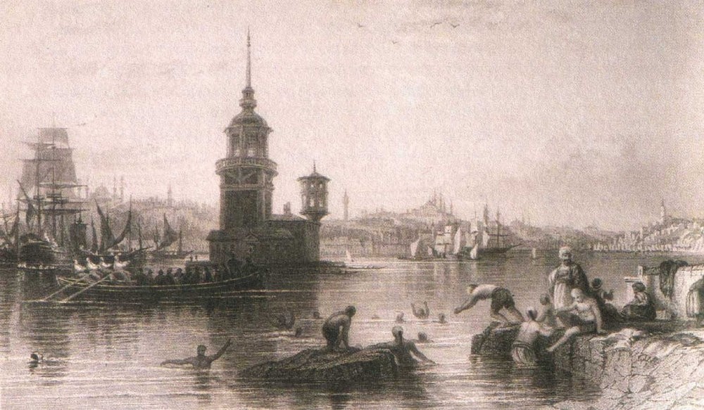 A drawing of Istanbulites taking a dip in the Marmara Sea during the Ottoman times.