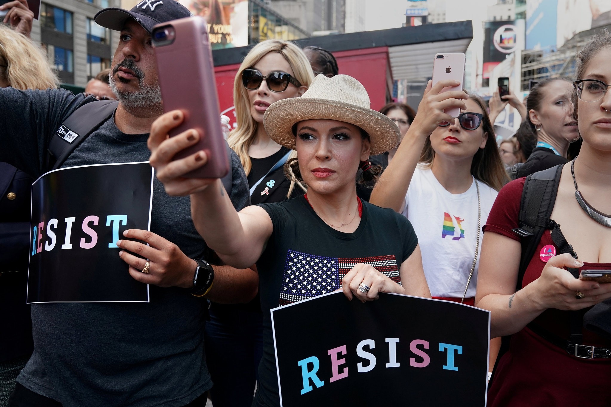 Actress Alyssa Milano attends a protest in Times Square, New York City, New York, U.S., July 26, 2017. (REUTERS Photo)
