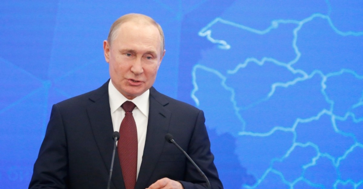 Russian President Vladimir Putin attends a meeting of the Russian Union of Industrialists and Entrepreneurs in Moscow, Russia, Thursday, March 14, 2019 (AP Photo)