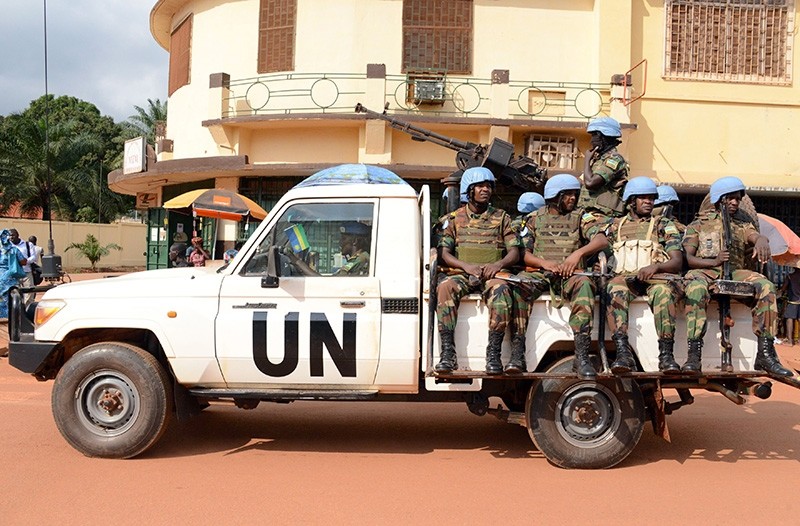 A file photo taken on Dec. 9, 2014 shows U.N. peacekeeping soldiers from Rwanda patrolling in Bangui, Central African Republic. (AFP Photo)