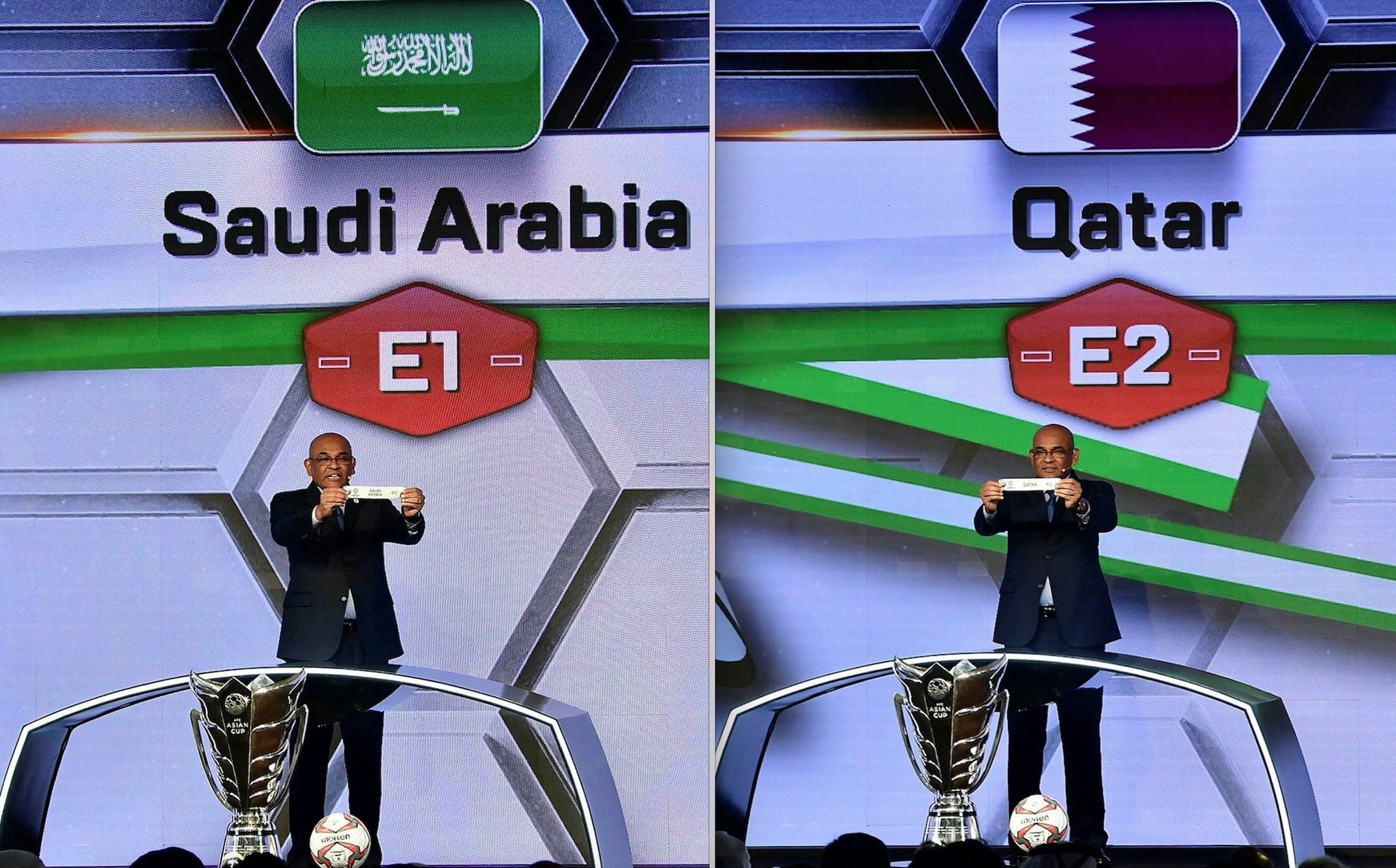 AFC general secretary Dato' Windsor John displays the slip of Saudi Arabia and Qatar during the final draw for the 2019 AFC Asian cup championship held in the Gulf emirate of Dubai on May 4, 2018. (AFP Photo)